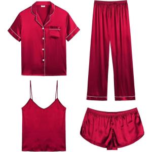 SWOMOG Womens Silk Satin Pajamas Sets 4pcs Sleepwear Sexy Cami Shorts Set and Button Down Short Sleeve Pjs Loungewear(Red)