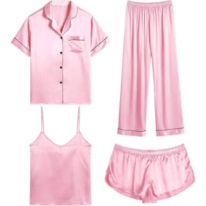 SWOMOG Womens Silk Satin Pajamas Sets 4pcs Sleepwear Sexy Cami Shorts Set and Button Down Short Sleeve Pjs Loungewear(Rose Pink)