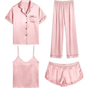 SWOMOG Womens Silk Satin Pajamas Sets 4pcs Sleepwear Sexy Cami Shorts Set and Button Down Short Sleeve Pjs Loungewear(Sakura Pink)