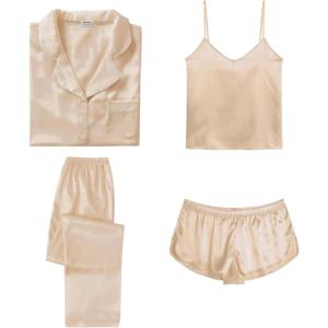 SWOMOG Womens Silk Satin Pajamas Sets 4pcs Sleepwear Sexy Cami Shorts Set and Button Down Short Sleeve Pjs Loungewear(Solid Color Champagne)