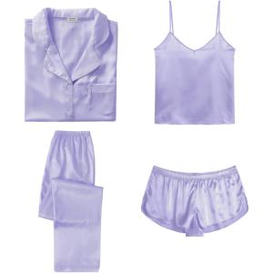 SWOMOG Womens Silk Satin Pajamas Sets 4pcs Sleepwear Sexy Cami Shorts Set and Button Down Short Sleeve Pjs Loungewear(Solid Color Lavender)