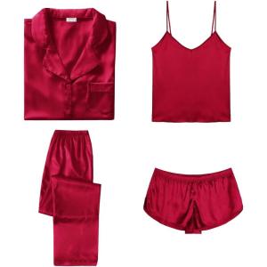 SWOMOG Womens Silk Satin Pajamas Sets 4pcs Sleepwear Sexy Cami Shorts Set and Button Down Short Sleeve Pjs Loungewear(Solid Color Red)