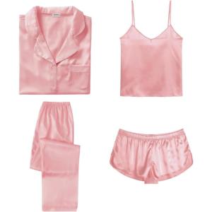 SWOMOG Womens Silk Satin Pajamas Sets 4pcs Sleepwear Sexy Cami Shorts Set and Button Down Short Sleeve Pjs Loungewear(Solid Color Sakura Pink)
