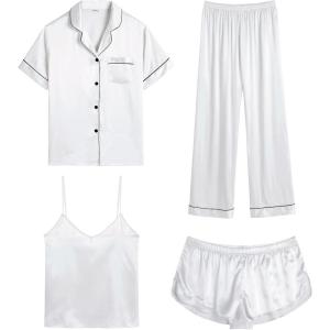 SWOMOG Womens Silk Satin Pajamas Sets 4pcs Sleepwear Sexy Cami Shorts Set and Button Down Short Sleeve Pjs Loungewear(White)