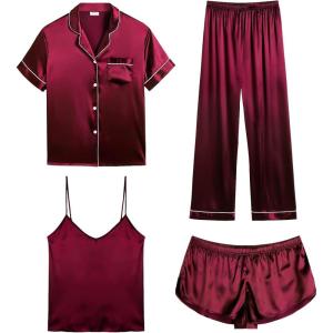 SWOMOG Womens Silk Satin Pajamas Sets 4pcs Sleepwear Sexy Cami Shorts Set and Button Down Short Sleeve Pjs Loungewear(Wine Red)