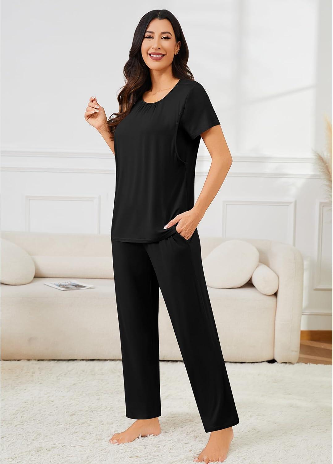 imageSWOMOG 3PCS Maternity Nursing Nightgown amp Pajamas Set Short Sleeve Pjs for Breastfeeding Hospital Pregnancy Lounge SetsBlack