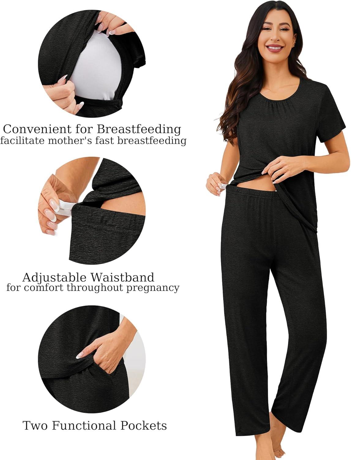 imageSWOMOG 3PCS Maternity Nursing Nightgown amp Pajamas Set Short Sleeve Pjs for Breastfeeding Hospital Pregnancy Lounge SetsBlack Grey