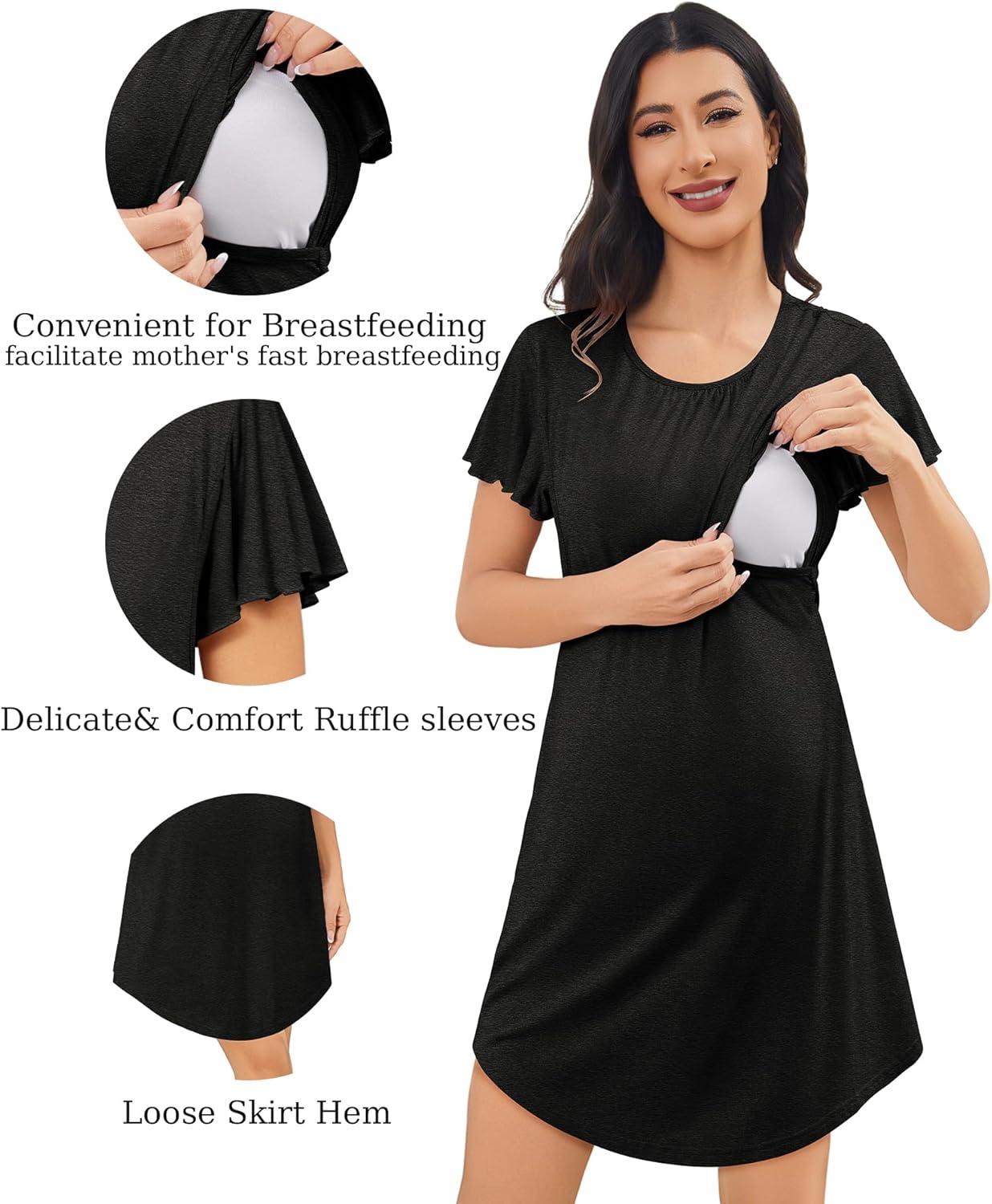 imageSWOMOG 3PCS Maternity Nursing Nightgown amp Pajamas Set Short Sleeve Pjs for Breastfeeding Hospital Pregnancy Lounge SetsBlack Grey