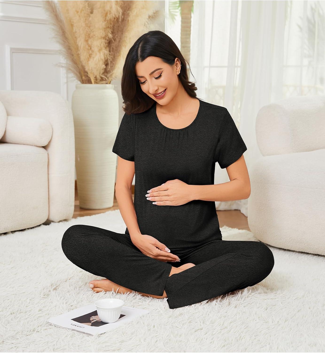 imageSWOMOG 3PCS Maternity Nursing Nightgown amp Pajamas Set Short Sleeve Pjs for Breastfeeding Hospital Pregnancy Lounge SetsBlack Grey