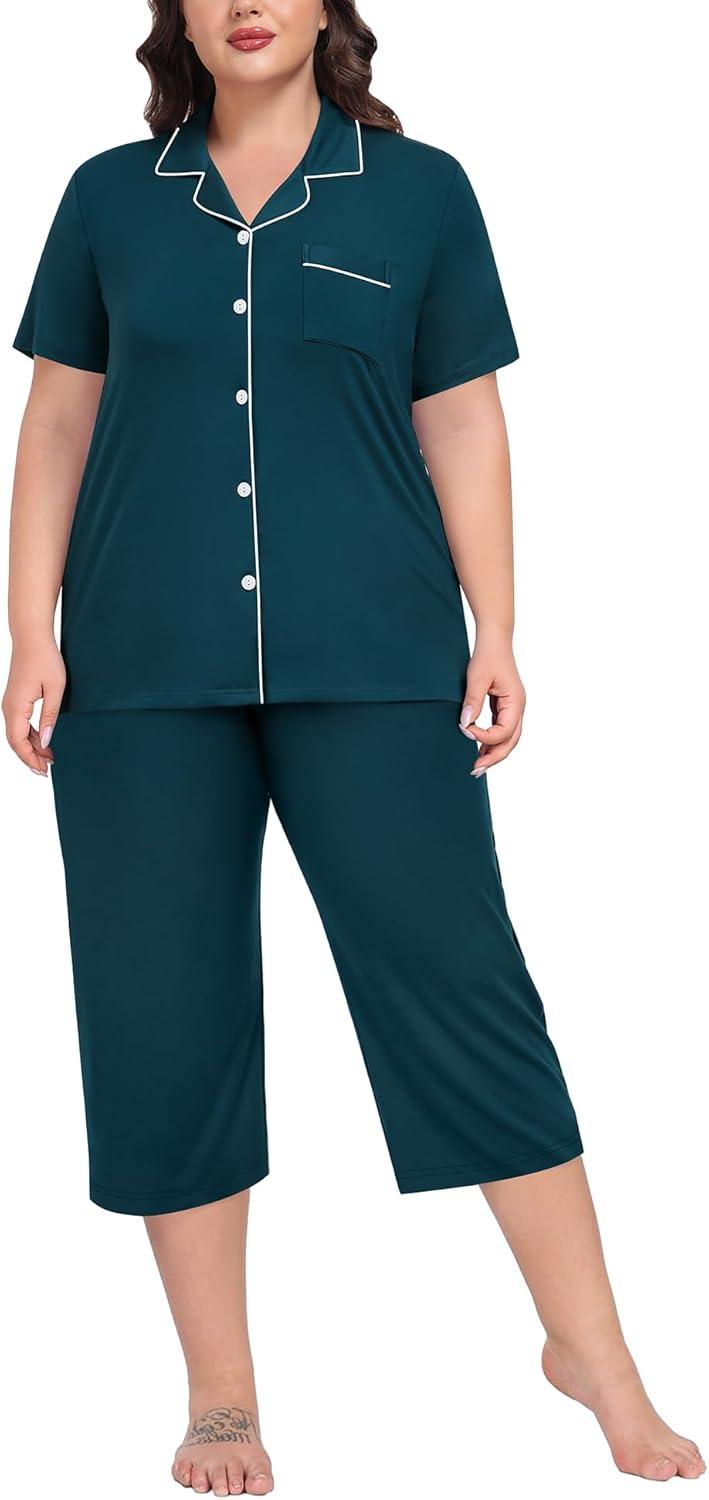 imageSWOMOG Capri Pajama Womens Plus Size Pajamas Set Short Sleeve Button Down Sleepwear Soft Pants Lounge Sets 2Piece PjsBlue Green