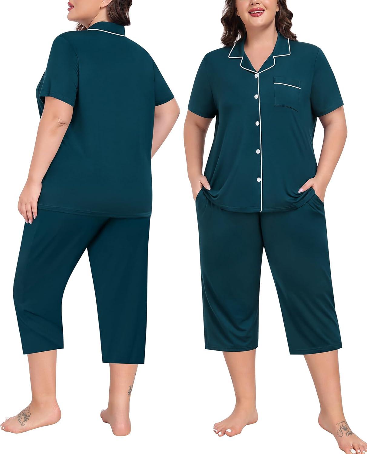 imageSWOMOG Capri Pajama Womens Plus Size Pajamas Set Short Sleeve Button Down Sleepwear Soft Pants Lounge Sets 2Piece PjsBlue Green