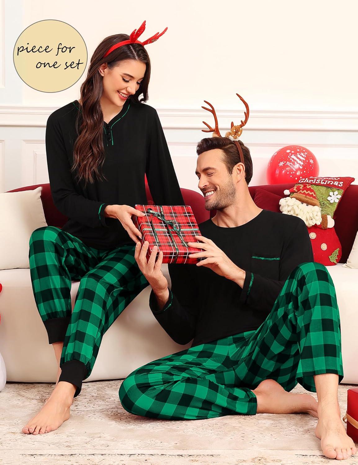 imageSWOMOG Couples Pajama Set Long Sleeve and Plaid Pants with Pockets Pjs Soft Sleepwear Lounge SetBlack Green Plaid