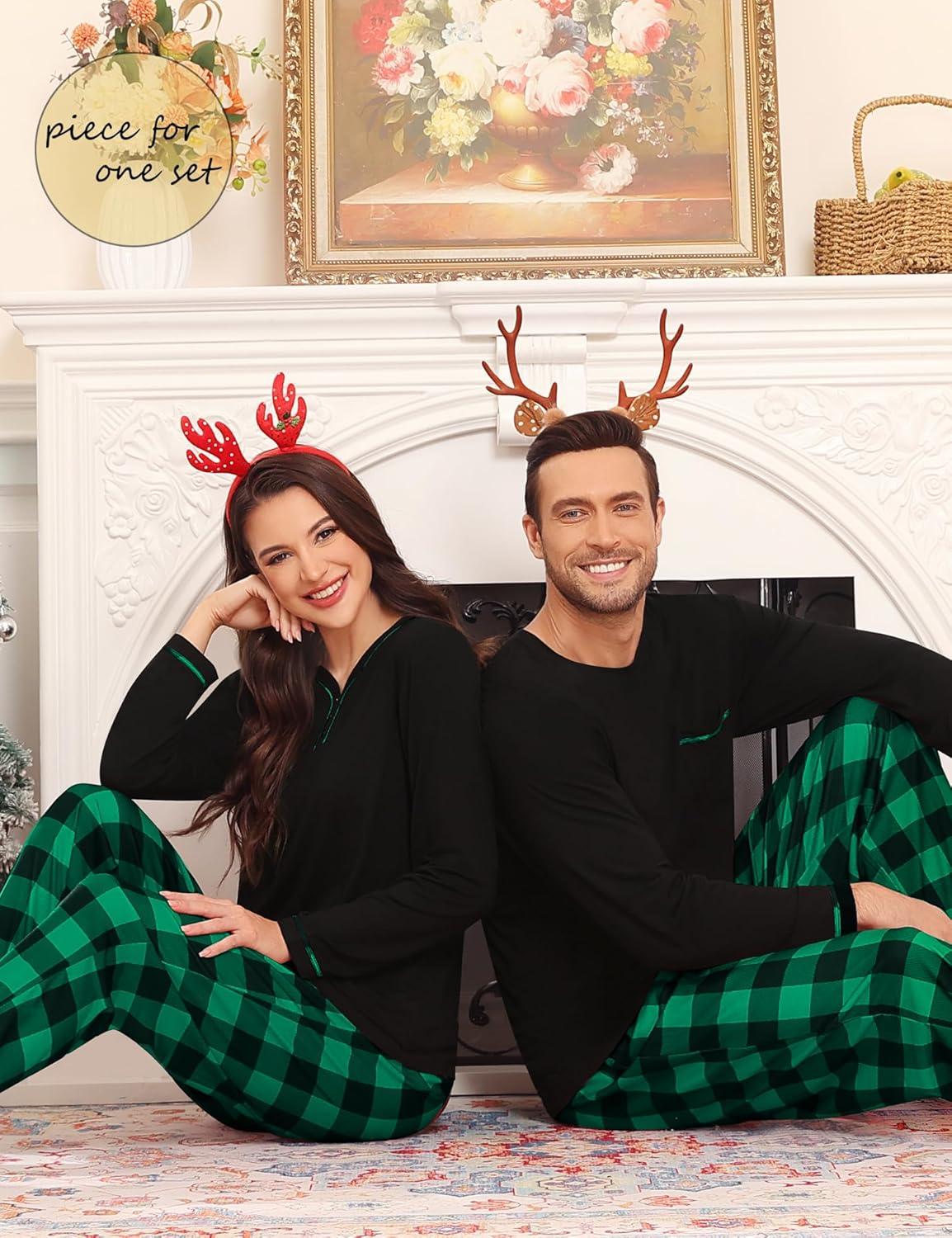 imageSWOMOG Couples Pajama Set Long Sleeve and Plaid Pants with Pockets Pjs Soft Sleepwear Lounge SetBlack Green Plaid