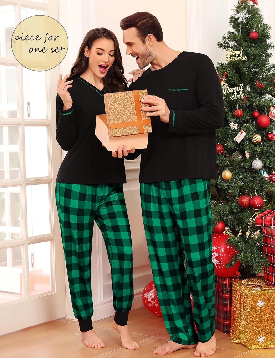 imageSWOMOG Couples Pajama Set Long Sleeve and Plaid Pants with Pockets Pjs Soft Sleepwear Lounge SetBlack Green Plaid