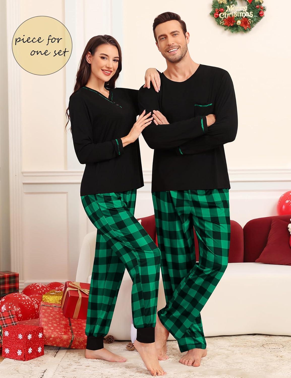 imageSWOMOG Couples Pajama Set Long Sleeve and Plaid Pants with Pockets Pjs Soft Sleepwear Lounge SetBlack Green Plaid