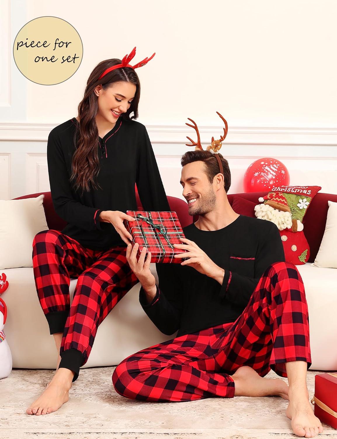 imageSWOMOG Couples Pajama Set Long Sleeve and Plaid Pants with Pockets Pjs Soft Sleepwear Lounge SetBlack Red Plaid