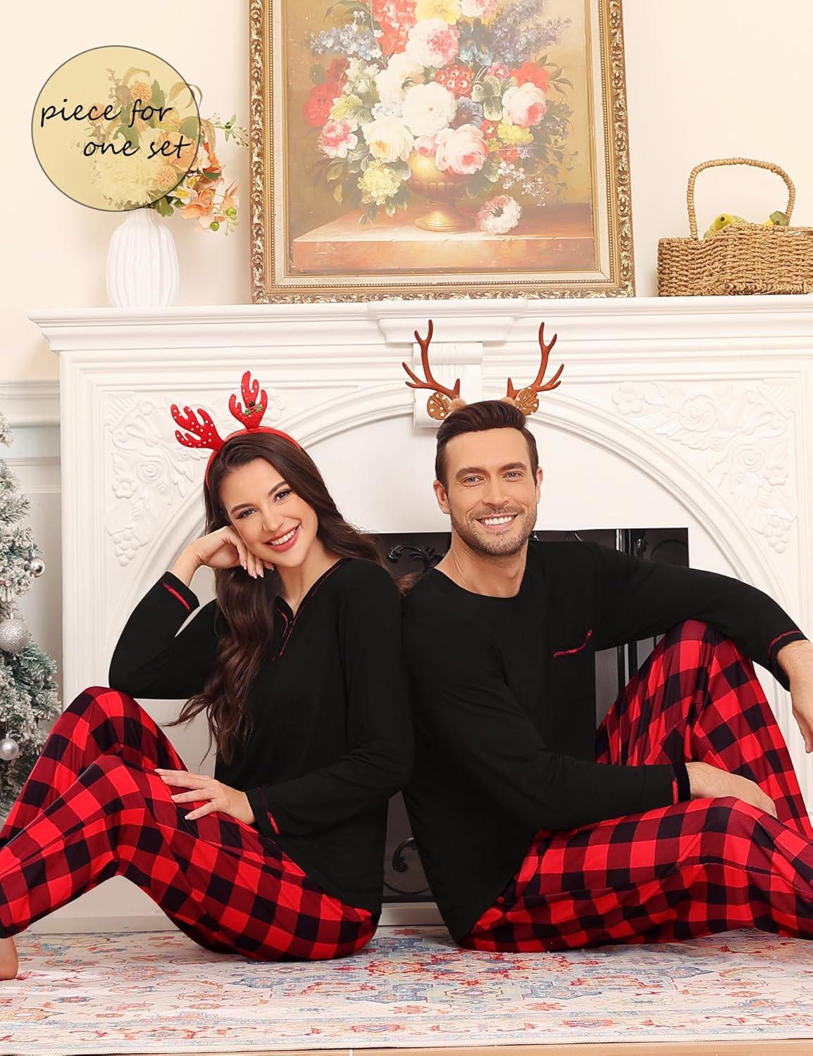 imageSWOMOG Couples Pajama Set Long Sleeve and Plaid Pants with Pockets Pjs Soft Sleepwear Lounge SetBlack Red Plaid