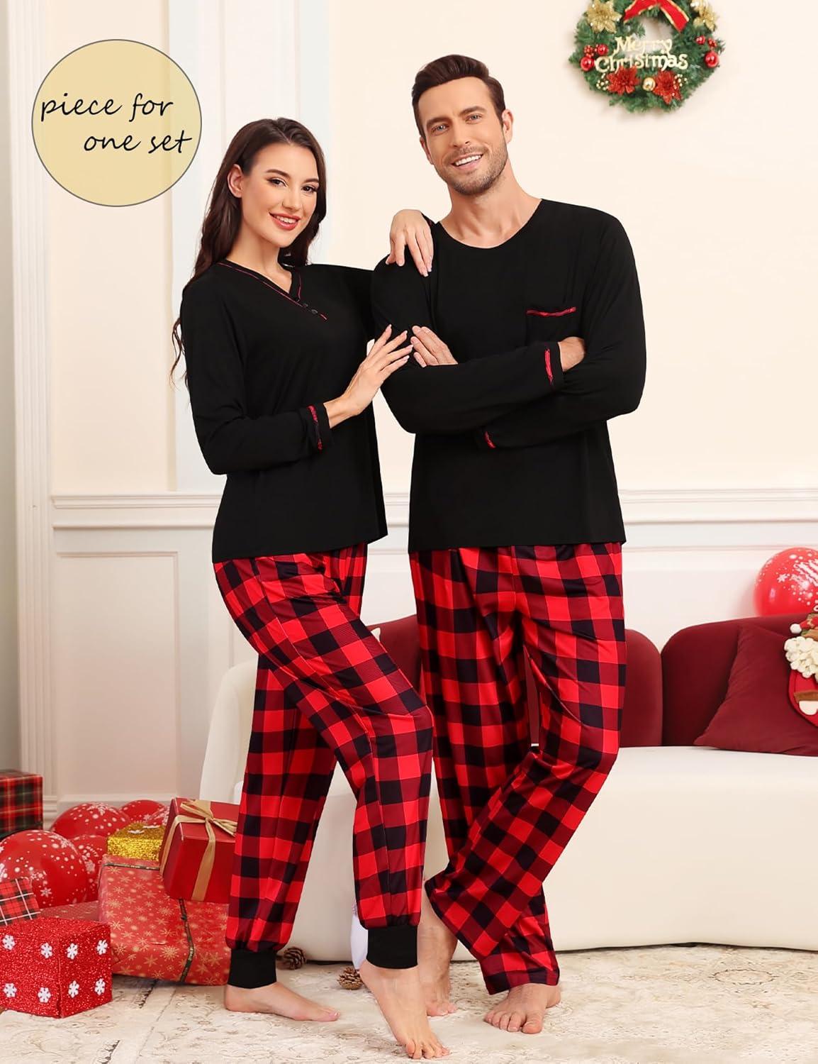 imageSWOMOG Couples Pajama Set Long Sleeve and Plaid Pants with Pockets Pjs Soft Sleepwear Lounge SetBlack Red Plaid
