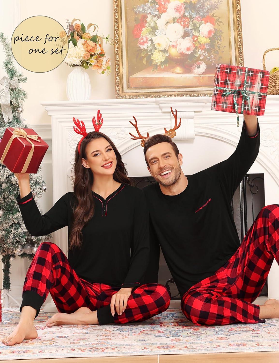 imageSWOMOG Couples Pajama Set Long Sleeve and Plaid Pants with Pockets Pjs Soft Sleepwear Lounge SetBlack Red Plaid