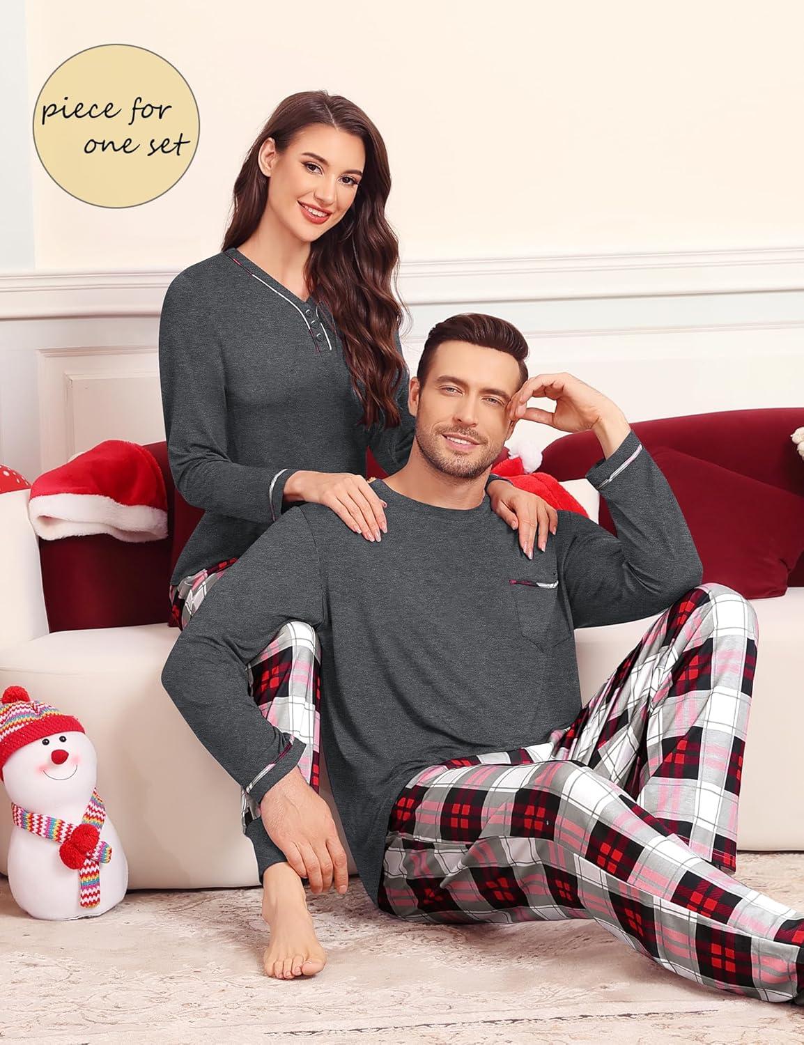 imageSWOMOG Couples Pajama Set Long Sleeve and Plaid Pants with Pockets Pjs Soft Sleepwear Lounge SetDeep Grey
