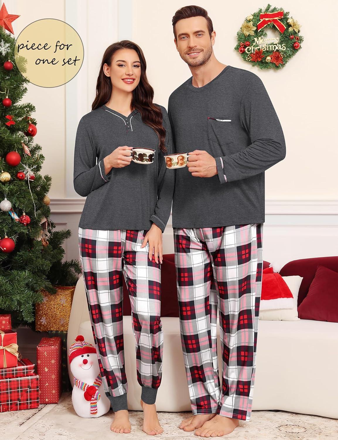 imageSWOMOG Couples Pajama Set Long Sleeve and Plaid Pants with Pockets Pjs Soft Sleepwear Lounge SetDeep Grey