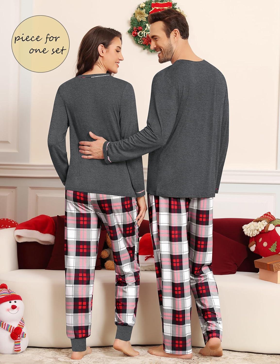 imageSWOMOG Couples Pajama Set Long Sleeve and Plaid Pants with Pockets Pjs Soft Sleepwear Lounge SetDeep Grey