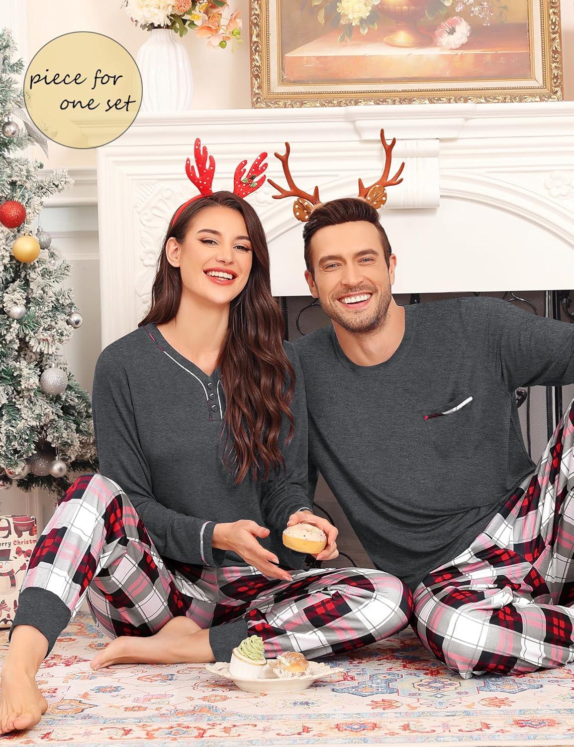 imageSWOMOG Couples Pajama Set Long Sleeve and Plaid Pants with Pockets Pjs Soft Sleepwear Lounge SetDeep Grey