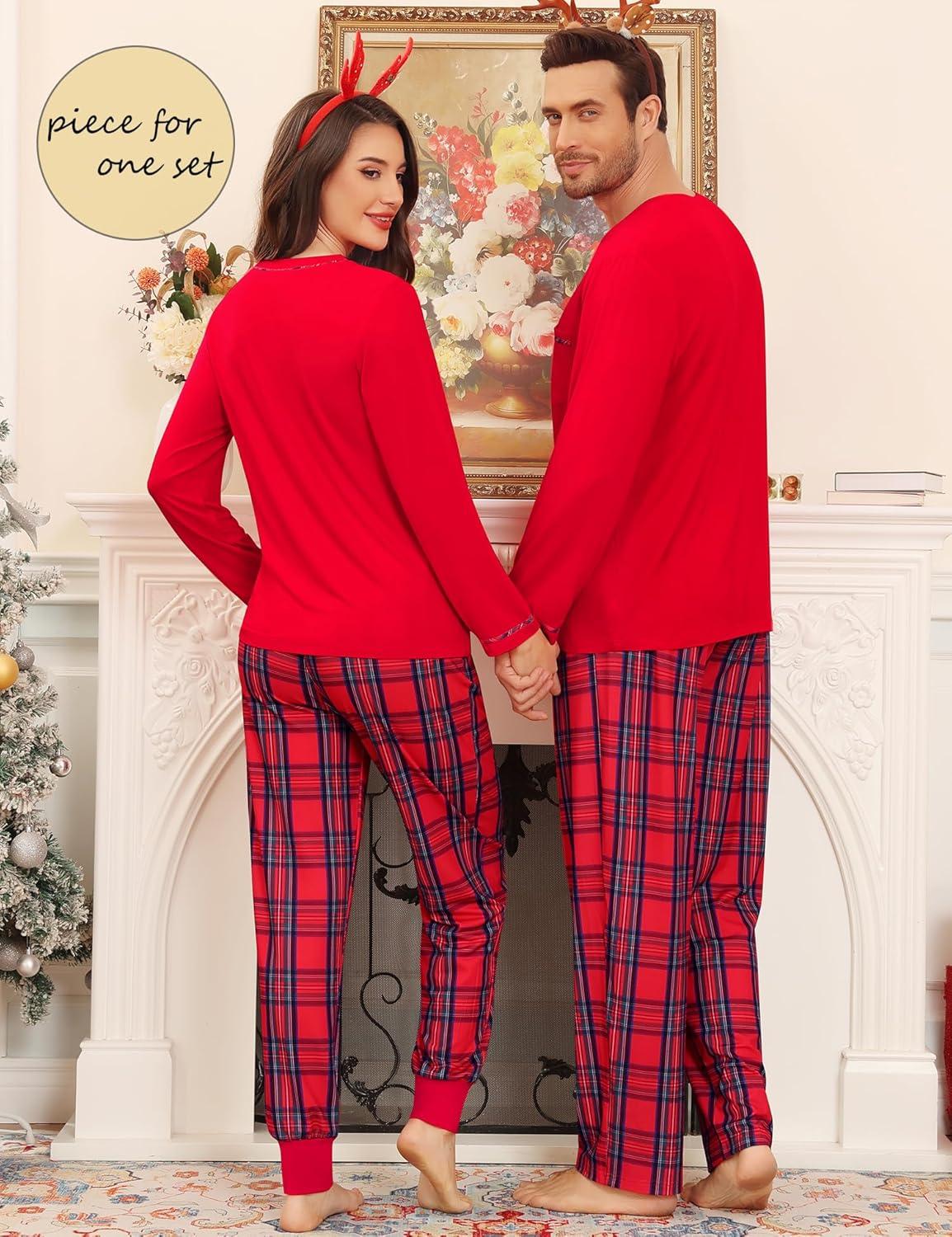 imageSWOMOG Couples Pajama Set Long Sleeve and Plaid Pants with Pockets Pjs Soft Sleepwear Lounge SetRed