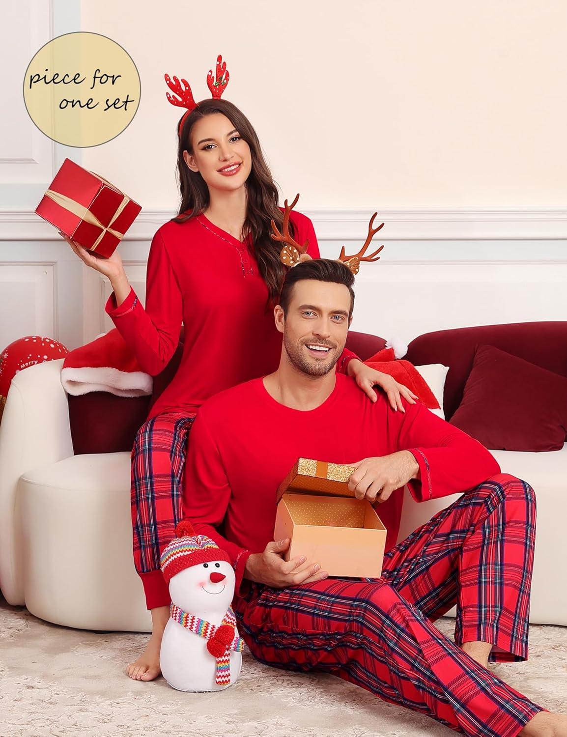 imageSWOMOG Couples Pajama Set Long Sleeve and Plaid Pants with Pockets Pjs Soft Sleepwear Lounge SetRed