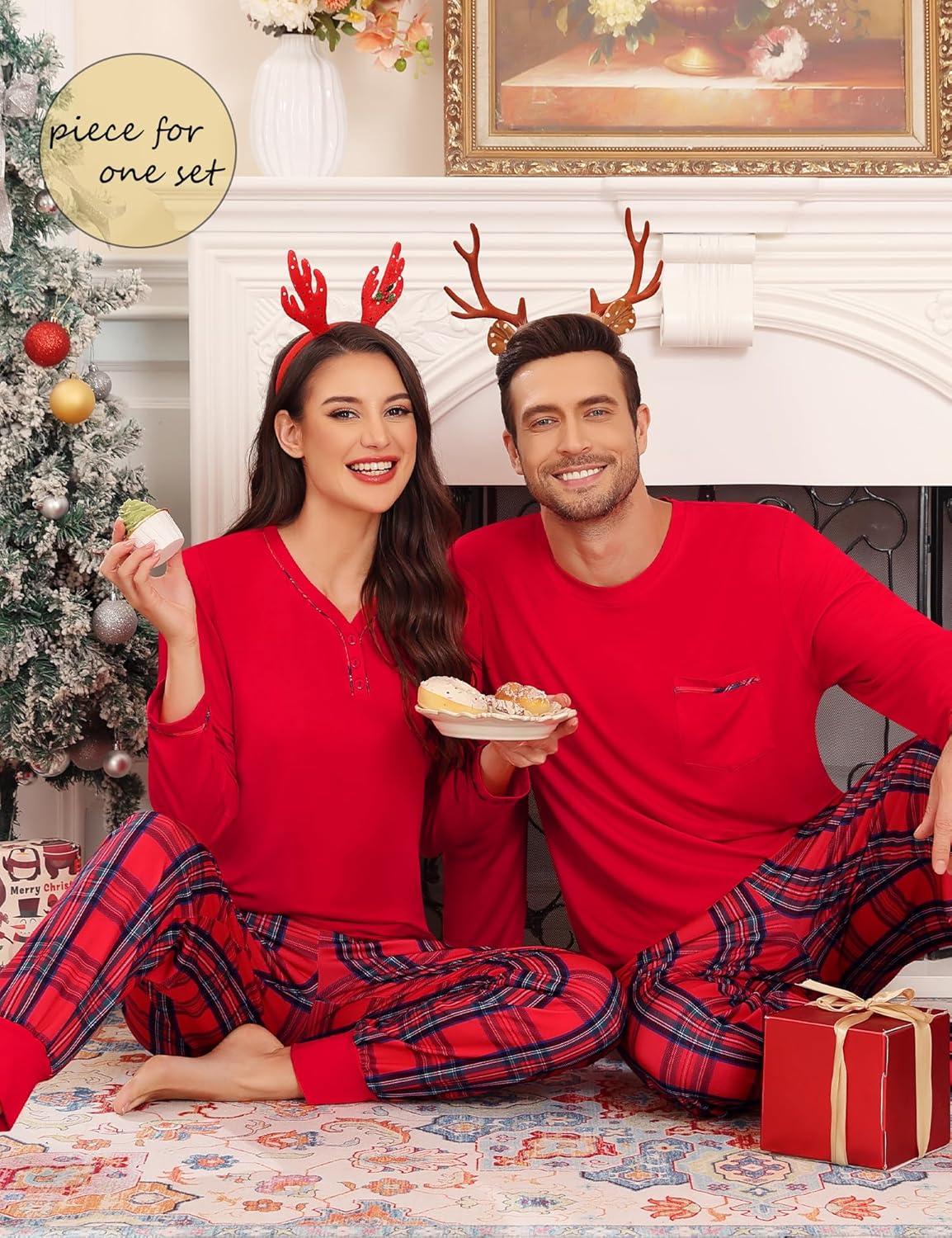 imageSWOMOG Couples Pajama Set Long Sleeve and Plaid Pants with Pockets Pjs Soft Sleepwear Lounge SetRed