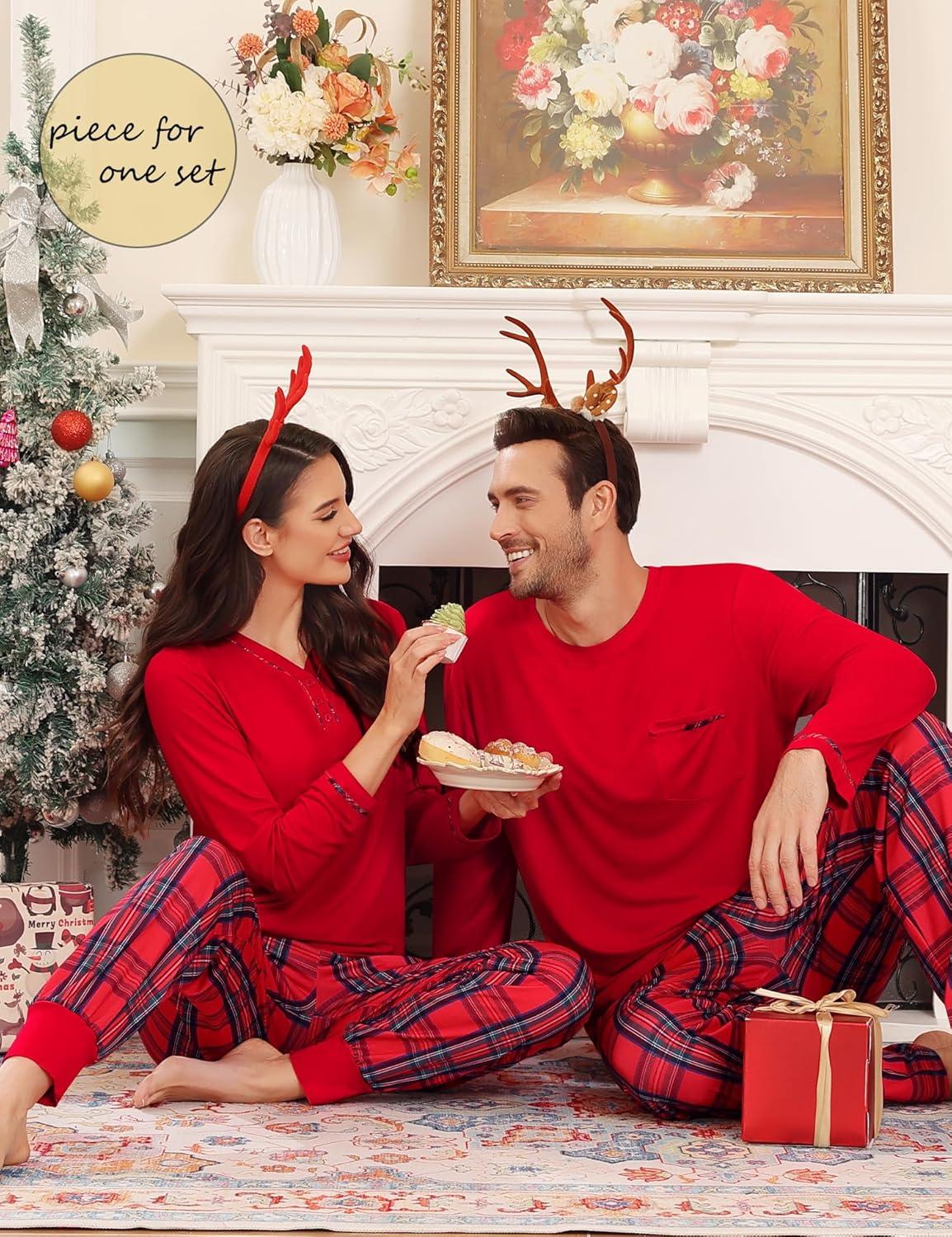 imageSWOMOG Couples Pajama Set Long Sleeve and Plaid Pants with Pockets Pjs Soft Sleepwear Lounge SetRed