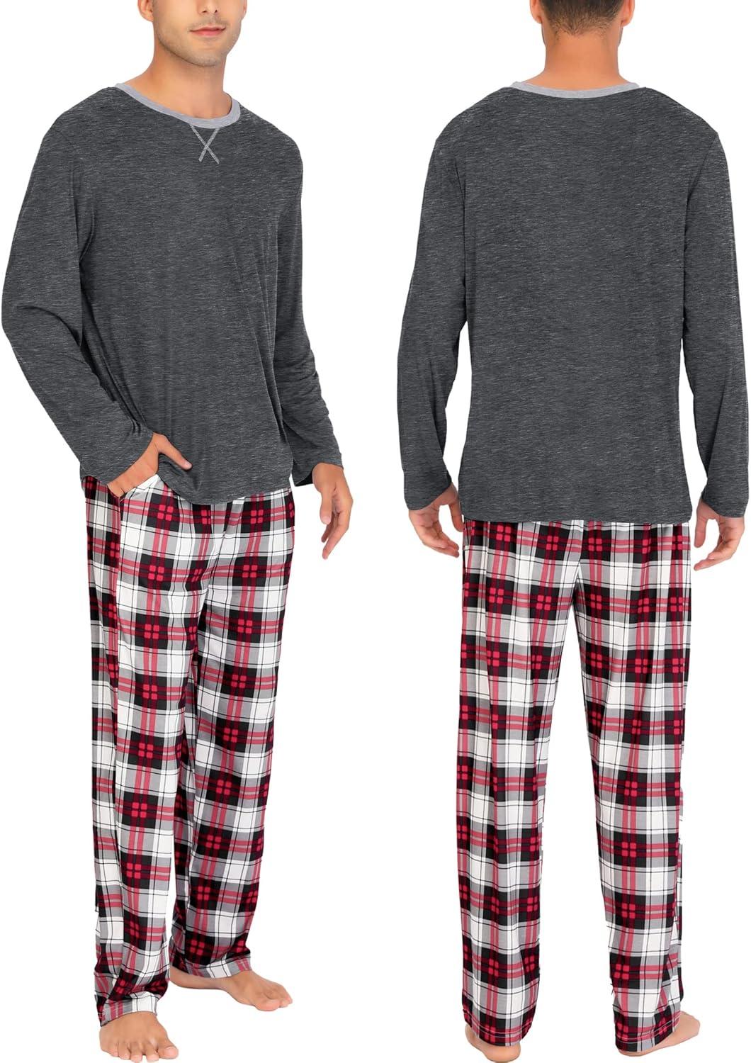 imageSWOMOG Couples Pajama Sets Women amp Men Long Sleeve Sleepwear Top Plaid Pants Loungewear Set with PocketsDeep Grey Black Plaid