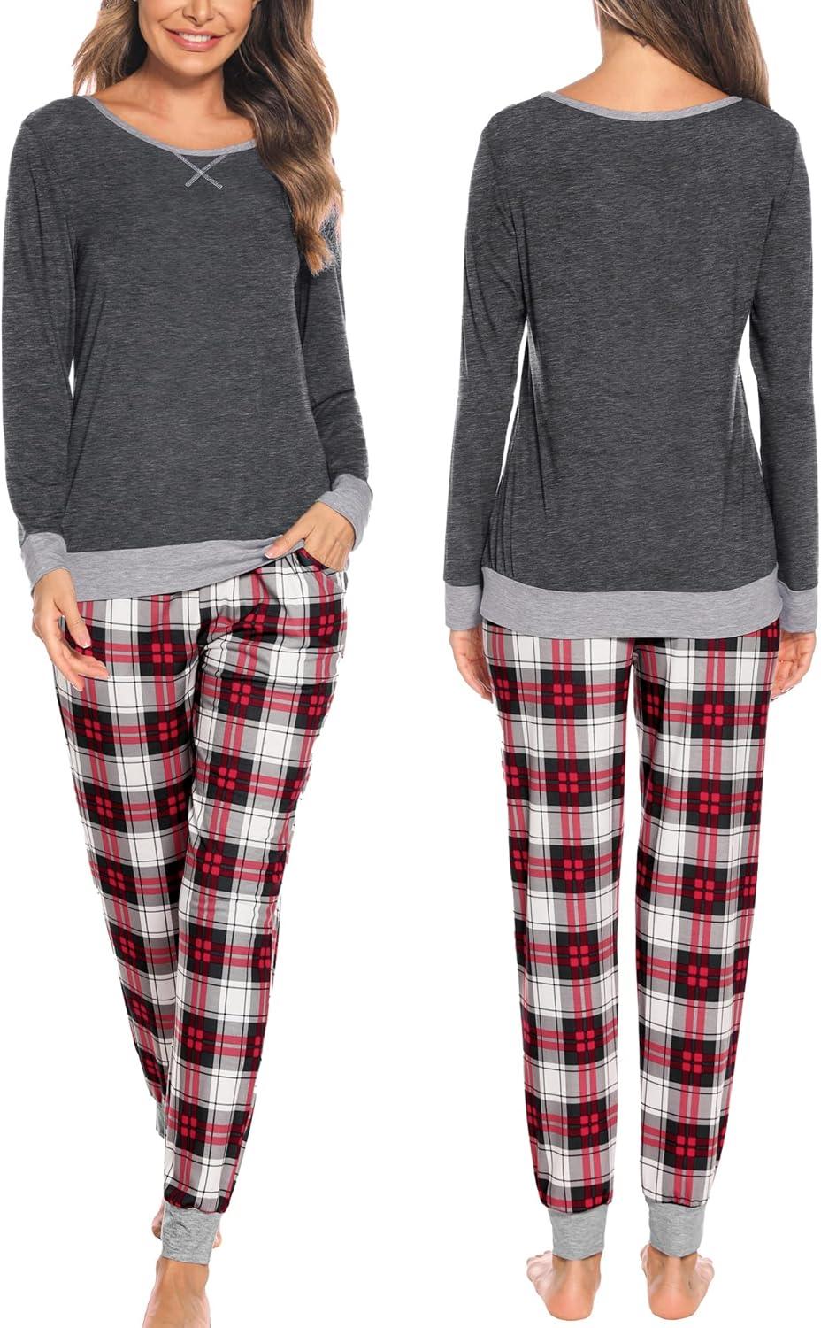 imageSWOMOG Couples Pajama Sets Women amp Men Long Sleeve Sleepwear Top Plaid Pants Loungewear Set with PocketsDeep Grey Black Plaid