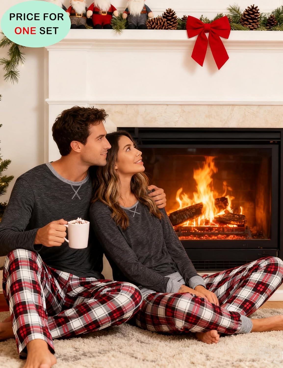imageSWOMOG Couples Pajama Sets Women amp Men Long Sleeve Sleepwear Top Plaid Pants Loungewear Set with PocketsDeep Grey Black Plaid