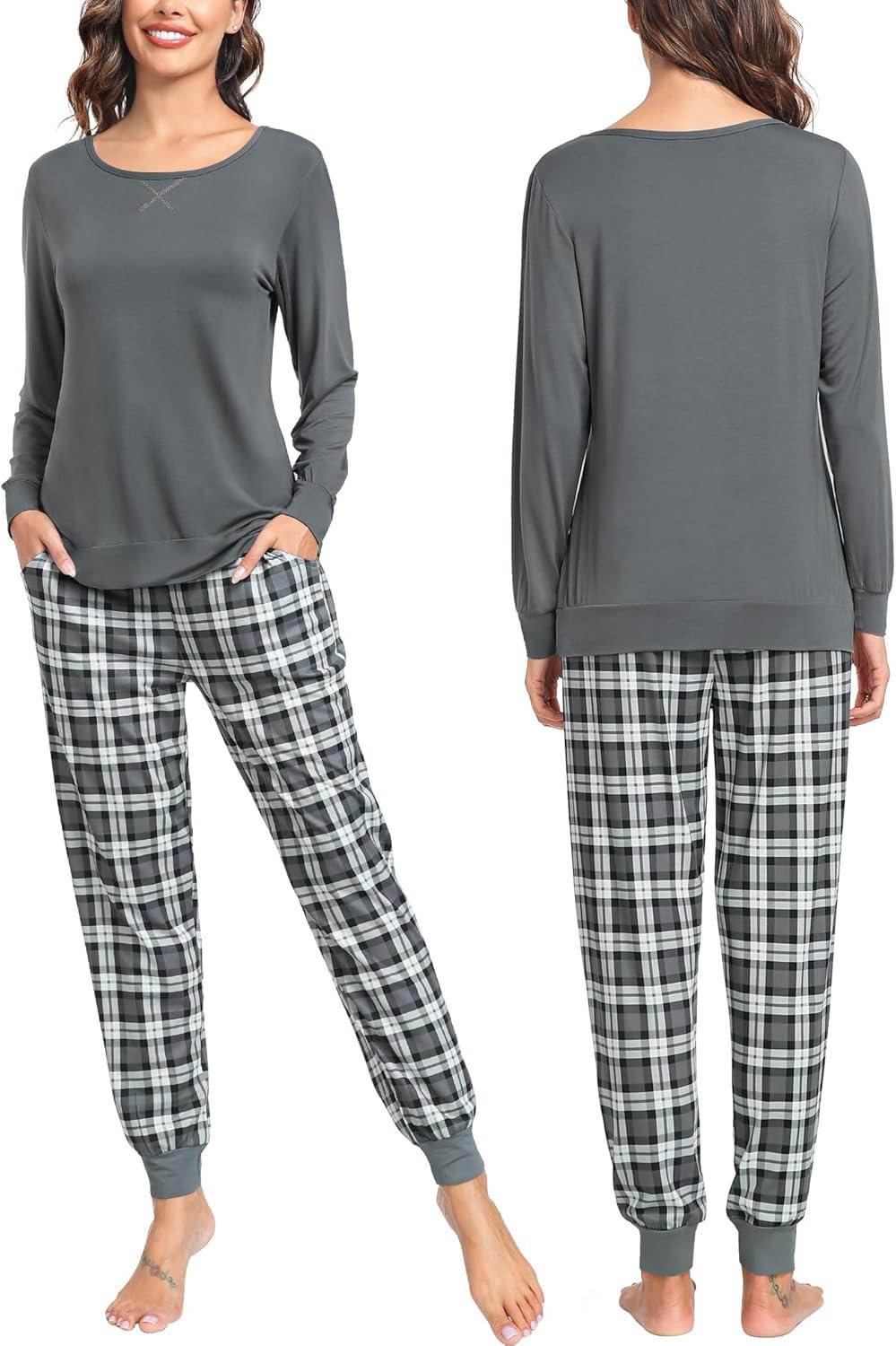 imageSWOMOG Couples Pajama Sets Women amp Men Long Sleeve Sleepwear Top Plaid Pants Loungewear Set with PocketsDeep Pure Grey