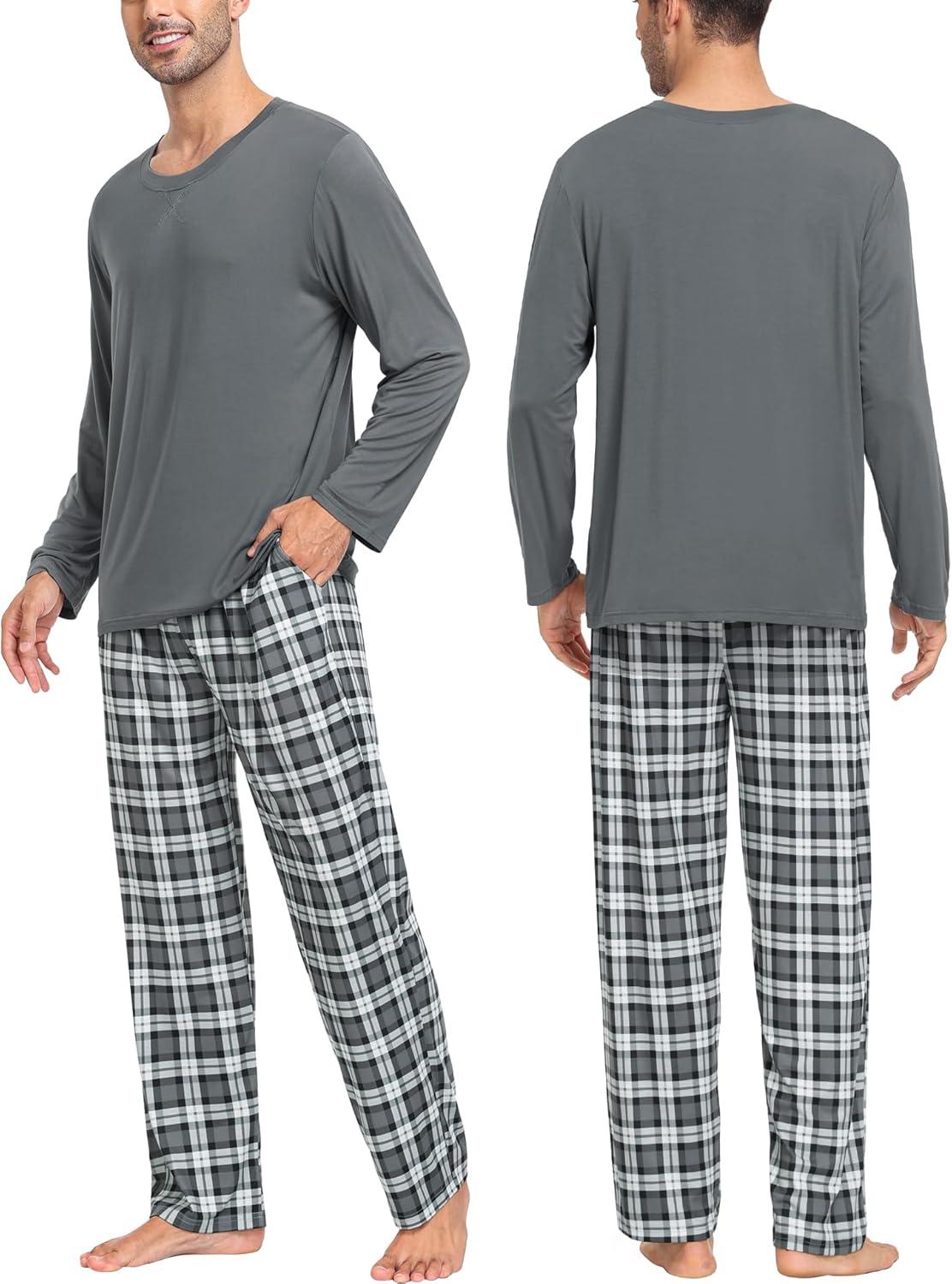 imageSWOMOG Couples Pajama Sets Women amp Men Long Sleeve Sleepwear Top Plaid Pants Loungewear Set with PocketsDeep Pure Grey