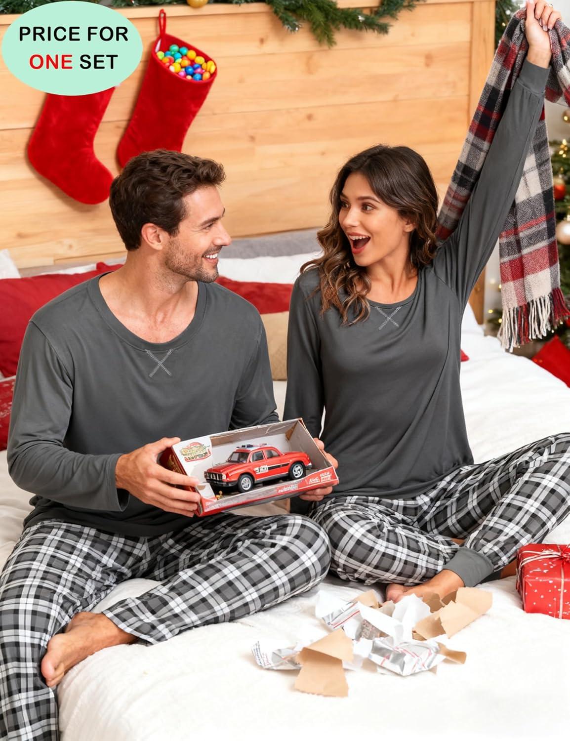 imageSWOMOG Couples Pajama Sets Women amp Men Long Sleeve Sleepwear Top Plaid Pants Loungewear Set with PocketsDeep Pure Grey