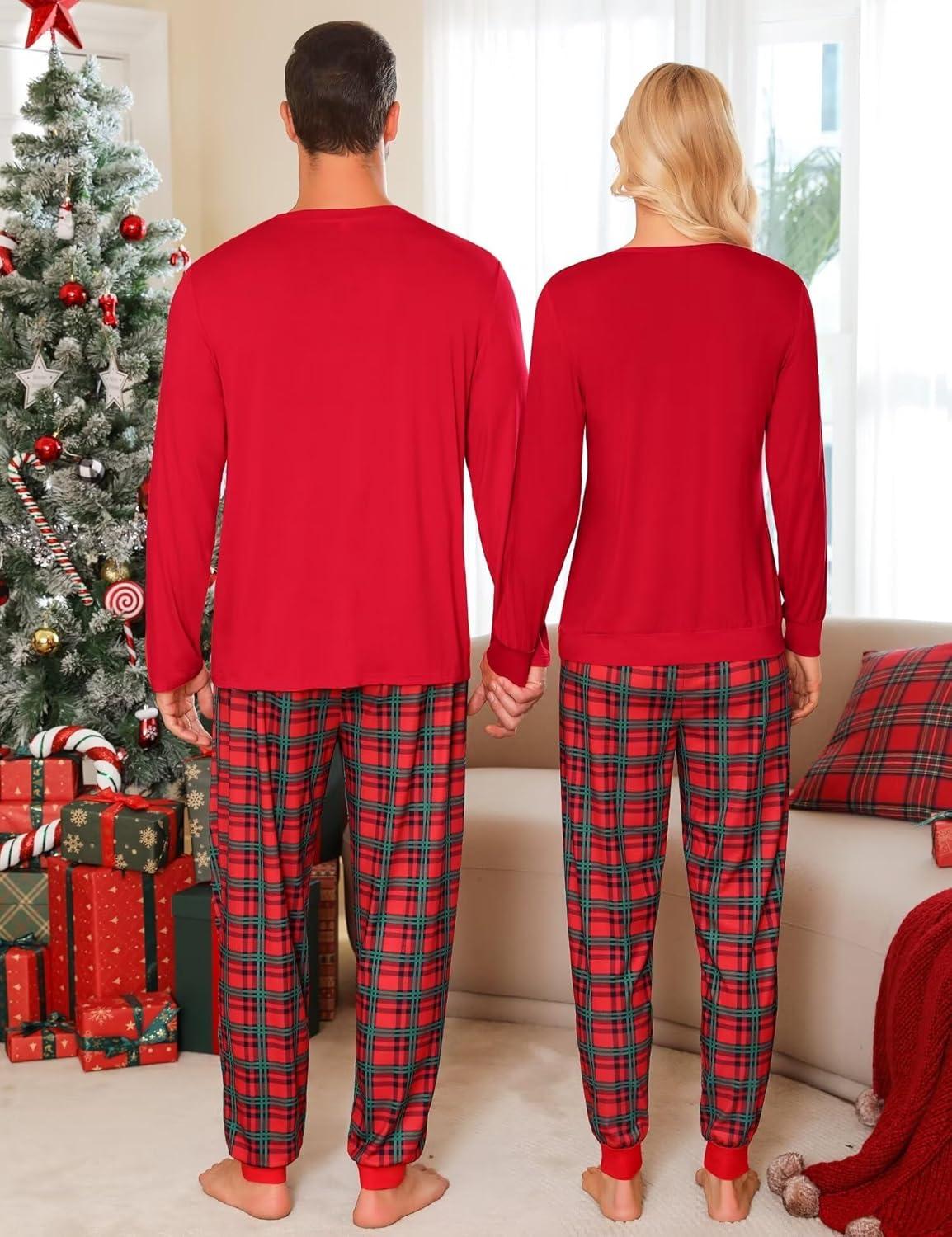 imageSWOMOG Couples Pajama Sets Women amp Men Long Sleeve Sleepwear Top Plaid Pants Loungewear Set with PocketsRed Green Grid