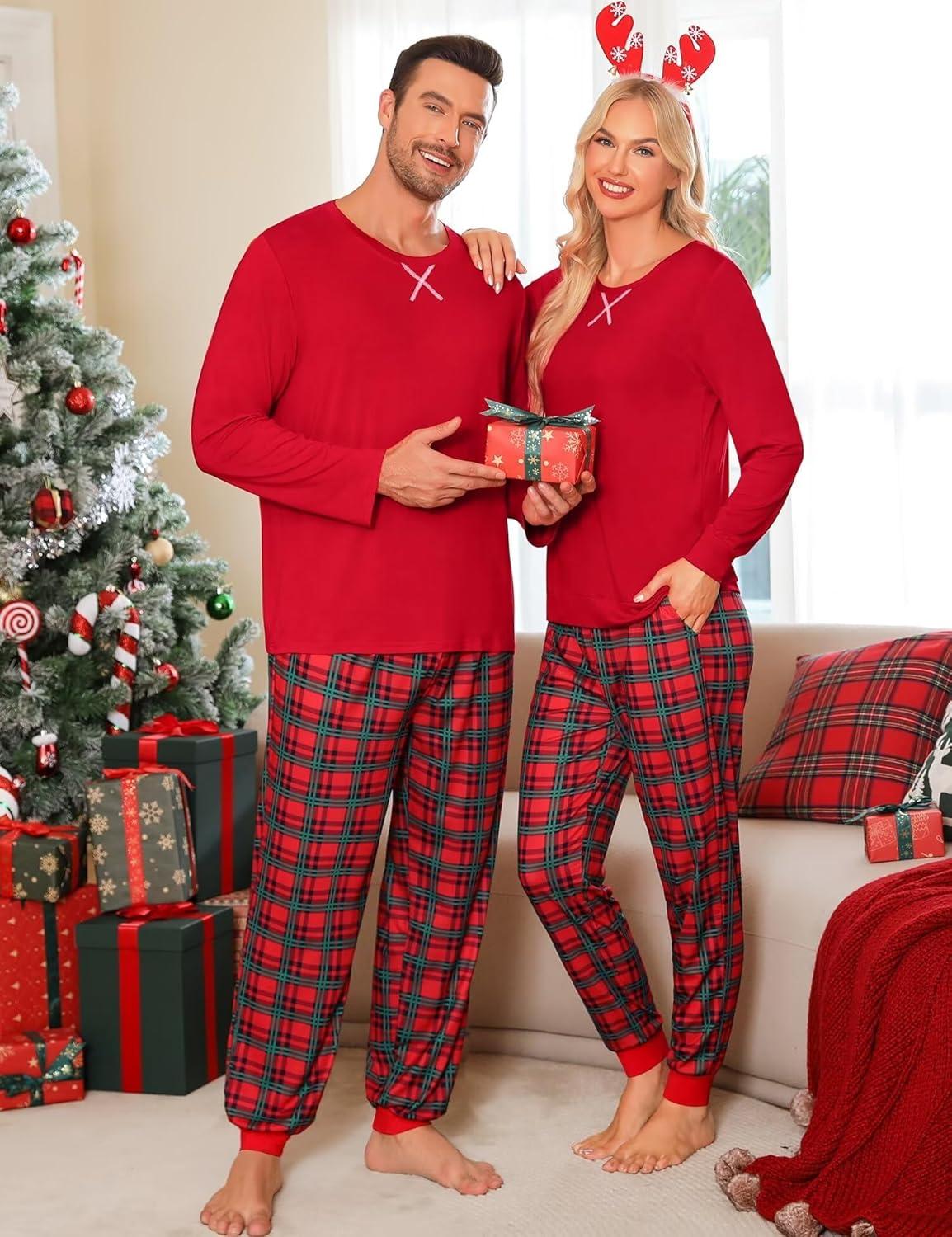 imageSWOMOG Couples Pajama Sets Women amp Men Long Sleeve Sleepwear Top Plaid Pants Loungewear Set with PocketsRed Green Grid