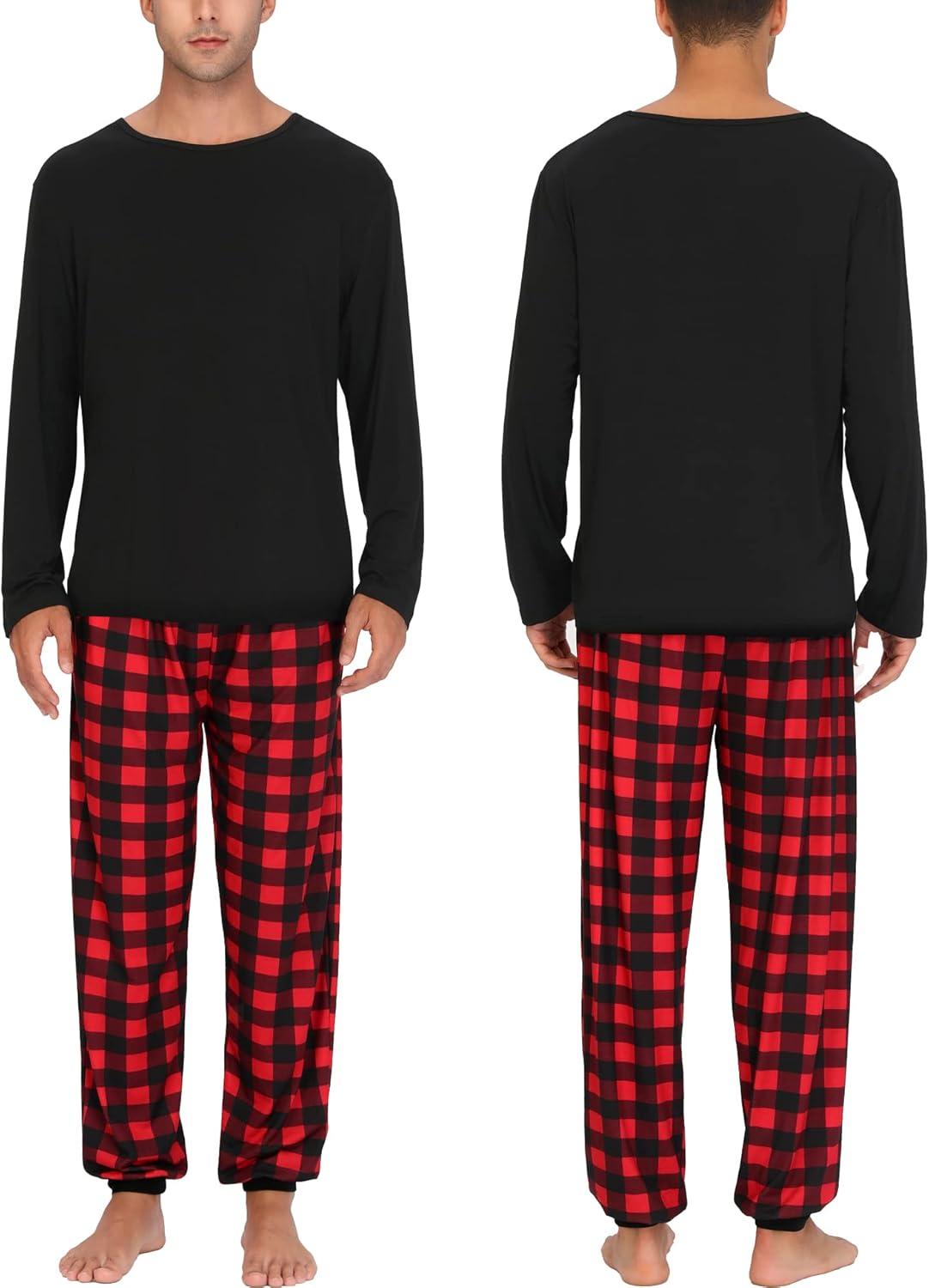 imageSWOMOG Couples Pajama Sets Women amp Men Long Sleeve Sleepwear Top Plaid Pants Loungewear Set with PocketsZ Black Solid Top