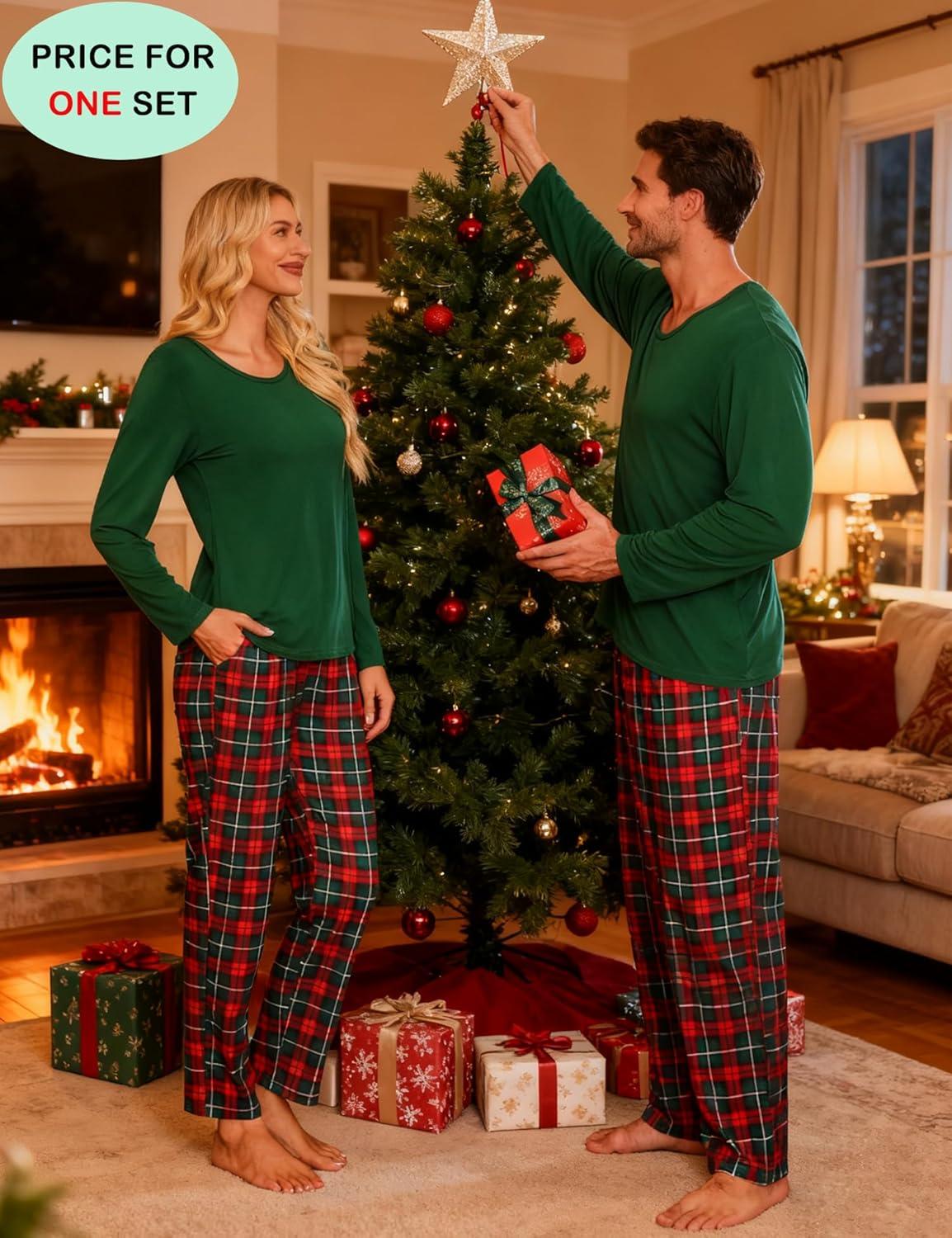 imageSWOMOG Couples Pajama Sets Women amp Men Long Sleeve Sleepwear Top Plaid Pants Loungewear Set with PocketsZ Deep Green Solid Top