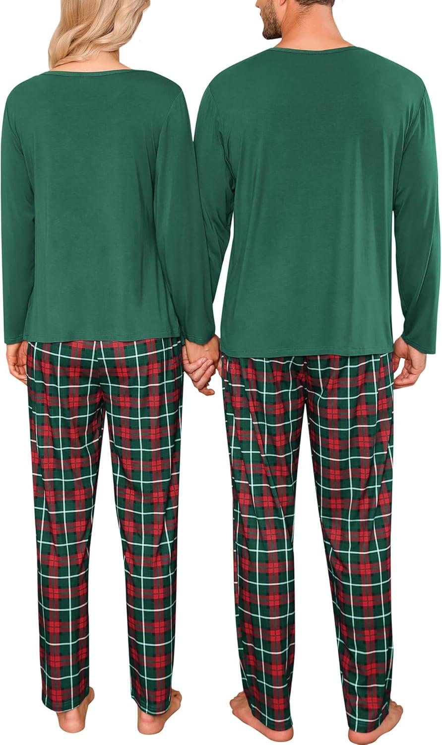 imageSWOMOG Couples Pajama Sets Women amp Men Long Sleeve Sleepwear Top Plaid Pants Loungewear Set with PocketsZ Deep Green Solid Top