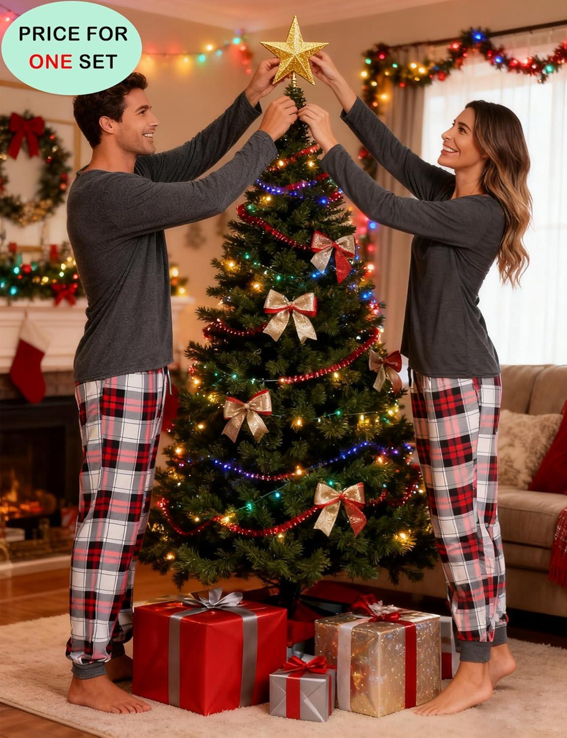 imageSWOMOG Couples Pajama Sets Women amp Men Long Sleeve Sleepwear Top Plaid Pants Loungewear Set with PocketsZ Deep Grey Solid Top