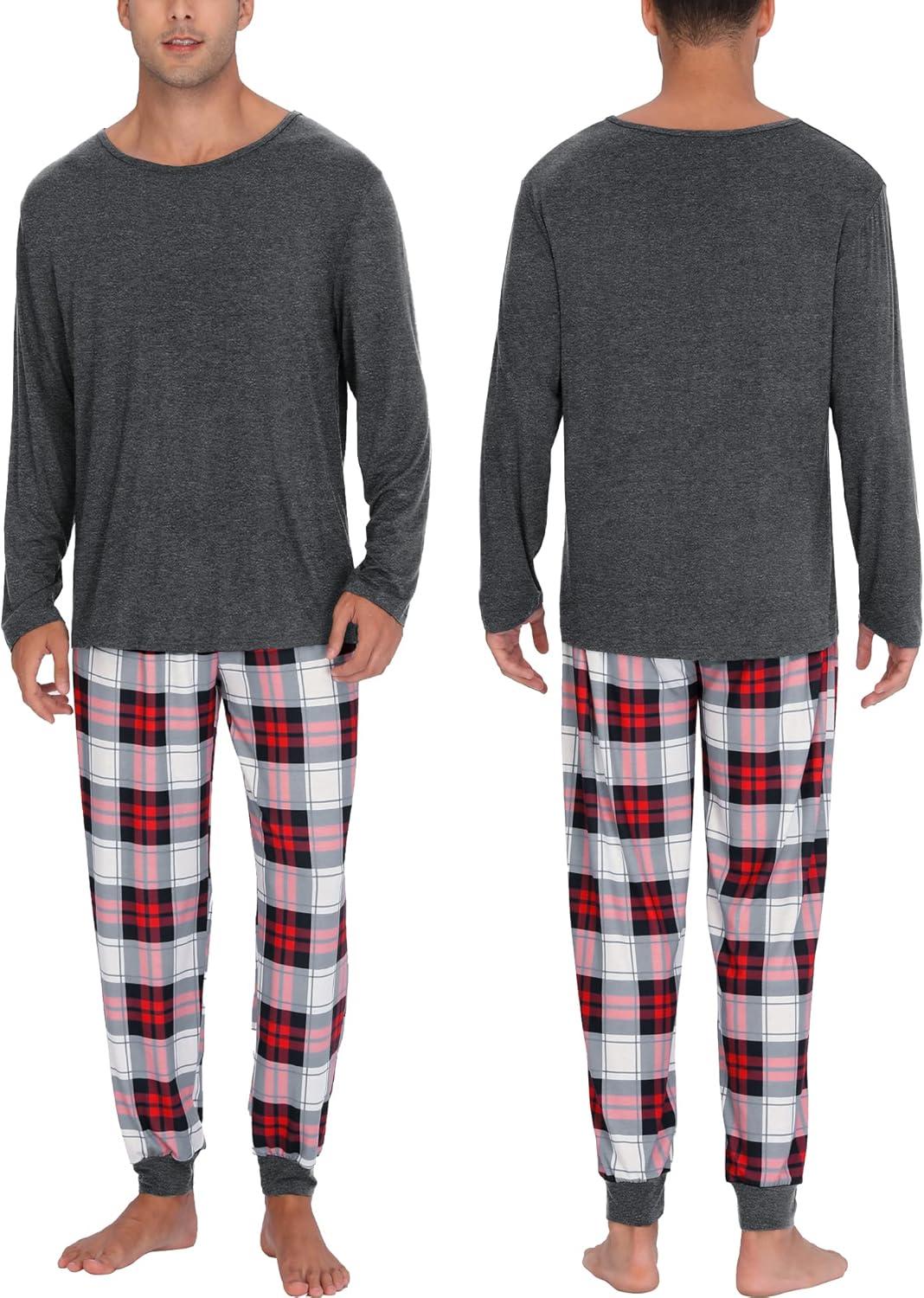 imageSWOMOG Couples Pajama Sets Women amp Men Long Sleeve Sleepwear Top Plaid Pants Loungewear Set with PocketsZ Deep Grey Solid Top