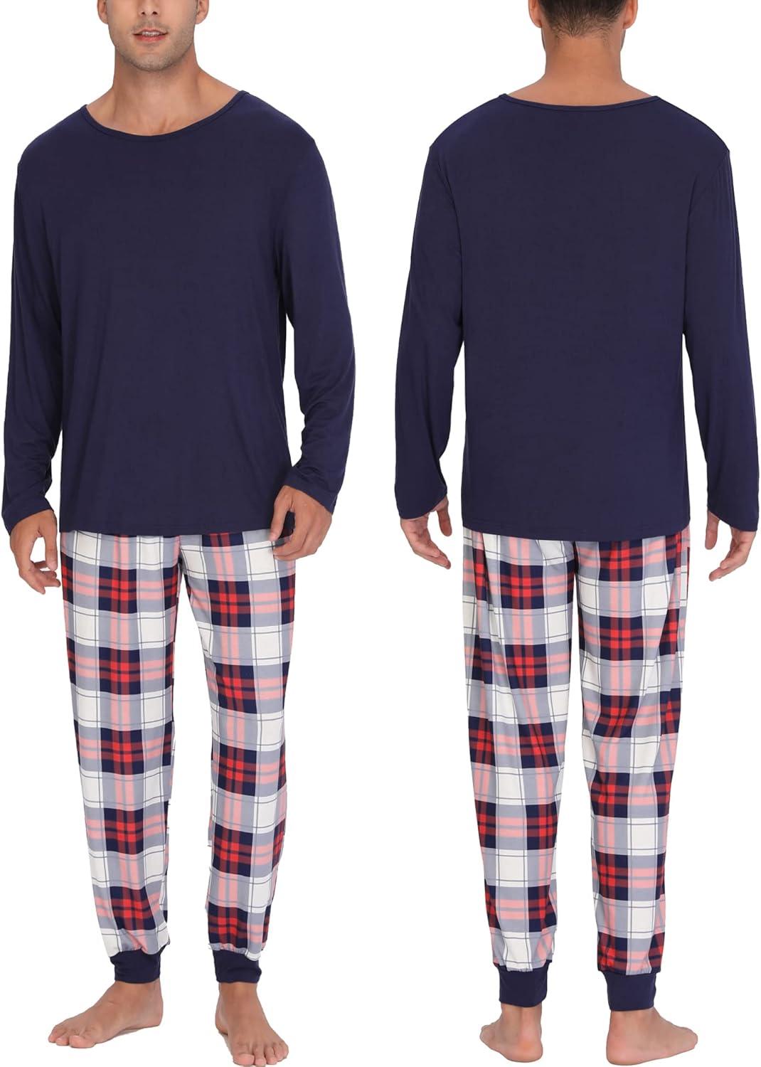 imageSWOMOG Couples Pajama Sets Women amp Men Long Sleeve Sleepwear Top Plaid Pants Loungewear Set with PocketsZ Navy Blue Solid Top