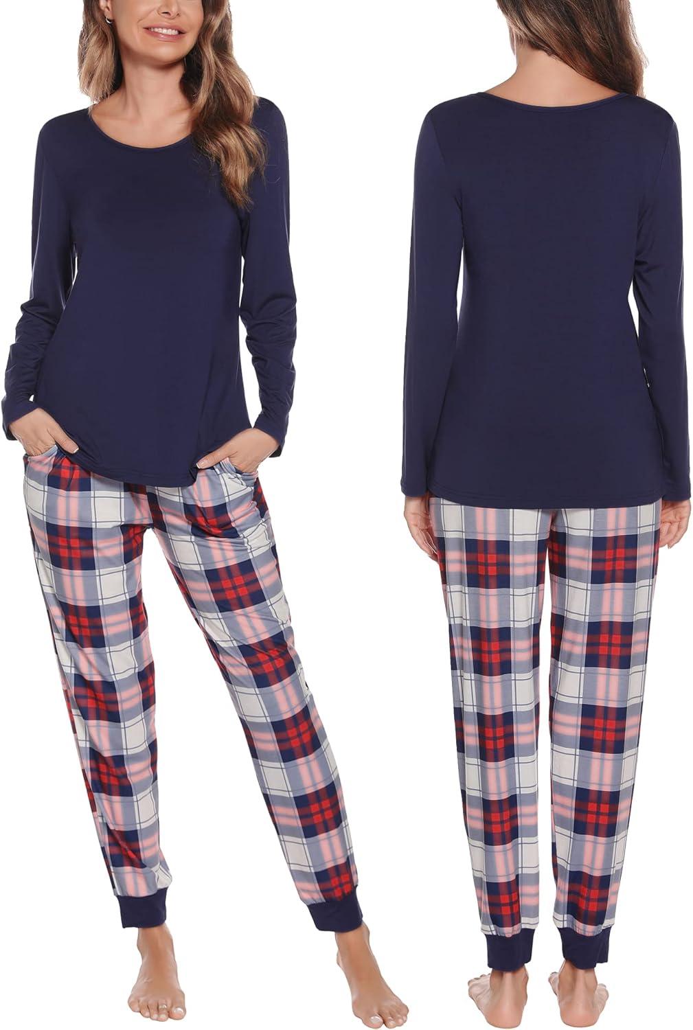 imageSWOMOG Couples Pajama Sets Women amp Men Long Sleeve Sleepwear Top Plaid Pants Loungewear Set with PocketsZ Navy Blue Solid Top