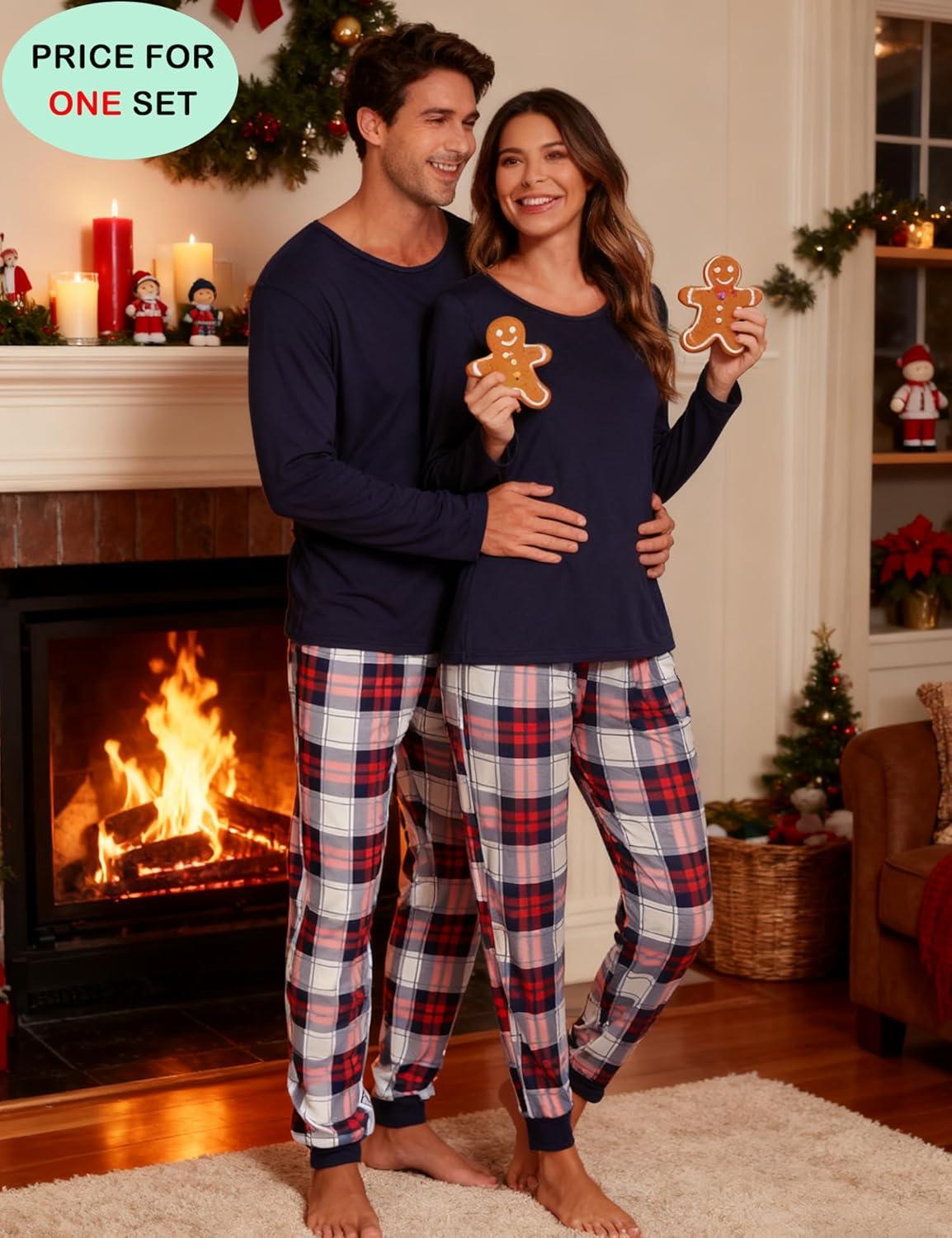 imageSWOMOG Couples Pajama Sets Women amp Men Long Sleeve Sleepwear Top Plaid Pants Loungewear Set with PocketsZ Navy Blue Solid Top
