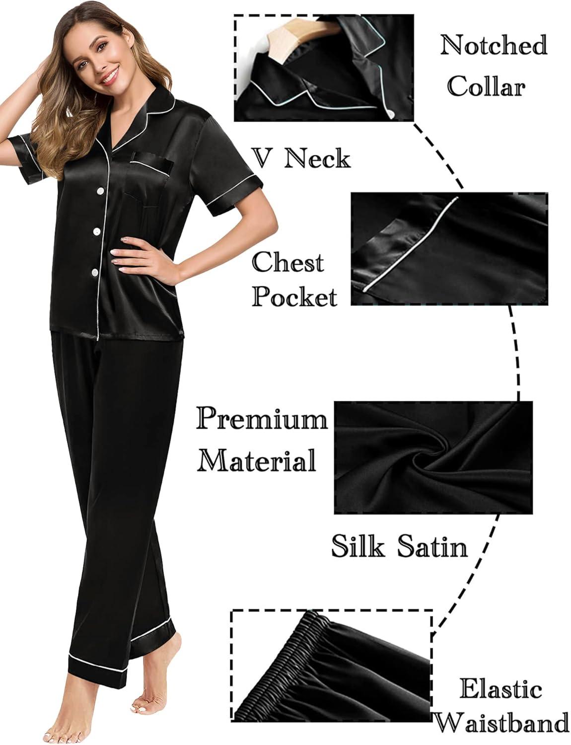 imageSWOMOG Couples Pajamas Sets Women amp Men Satin Short Sleeve Sleepwear Button Down Loungewear Pjs Set with Long PantsBlack