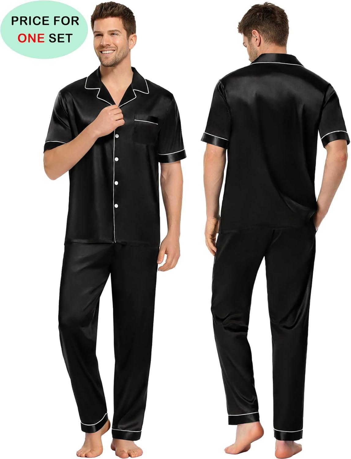 imageSWOMOG Couples Pajamas Sets Women amp Men Satin Short Sleeve Sleepwear Button Down Loungewear Pjs Set with Long PantsBlack