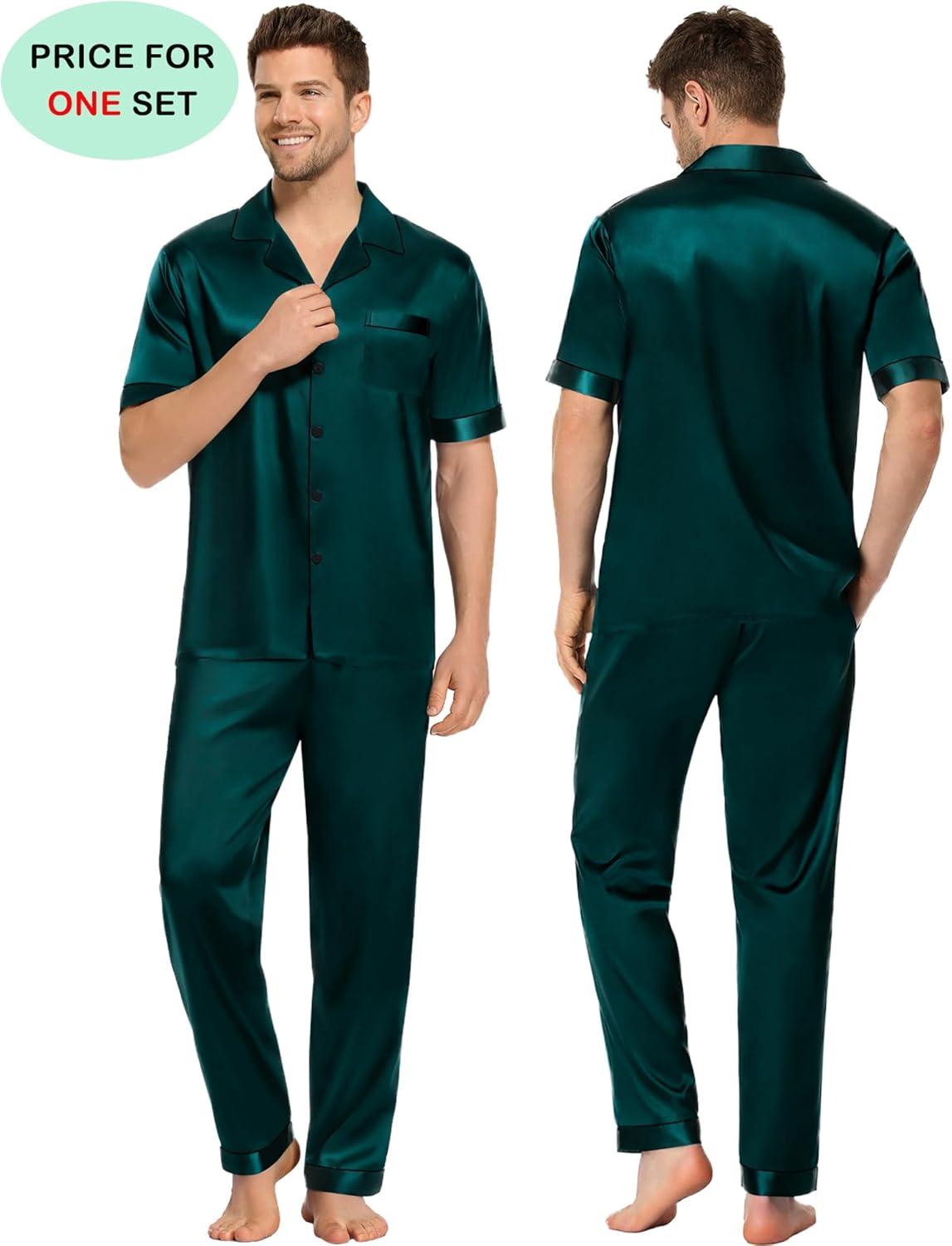 imageSWOMOG Couples Pajamas Sets Women amp Men Satin Short Sleeve Sleepwear Button Down Loungewear Pjs Set with Long PantsDeep Green